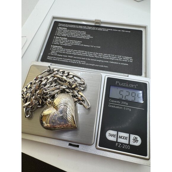 Sterling Silver Rope Necklace and Puffed Heart Pendant 18" Chain Link 52 Grams - Picture 7 of 10